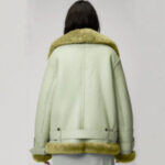 Women Light Green Aviator Styled Sheepskin Shearling Leather Jacket - Image 3