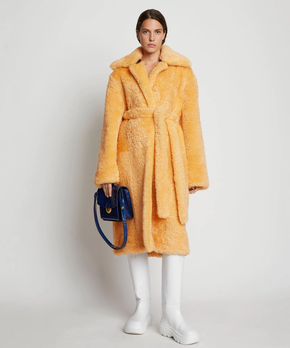 WomensApricotSoftCurlyFurShearlingLongCoat2.jpg Womens Apricot Soft Curly Fur Shearling Long Coat - Image 1