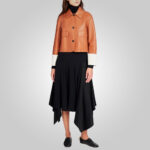 Womens Designer Brown and White Leather Jacket - Image 3