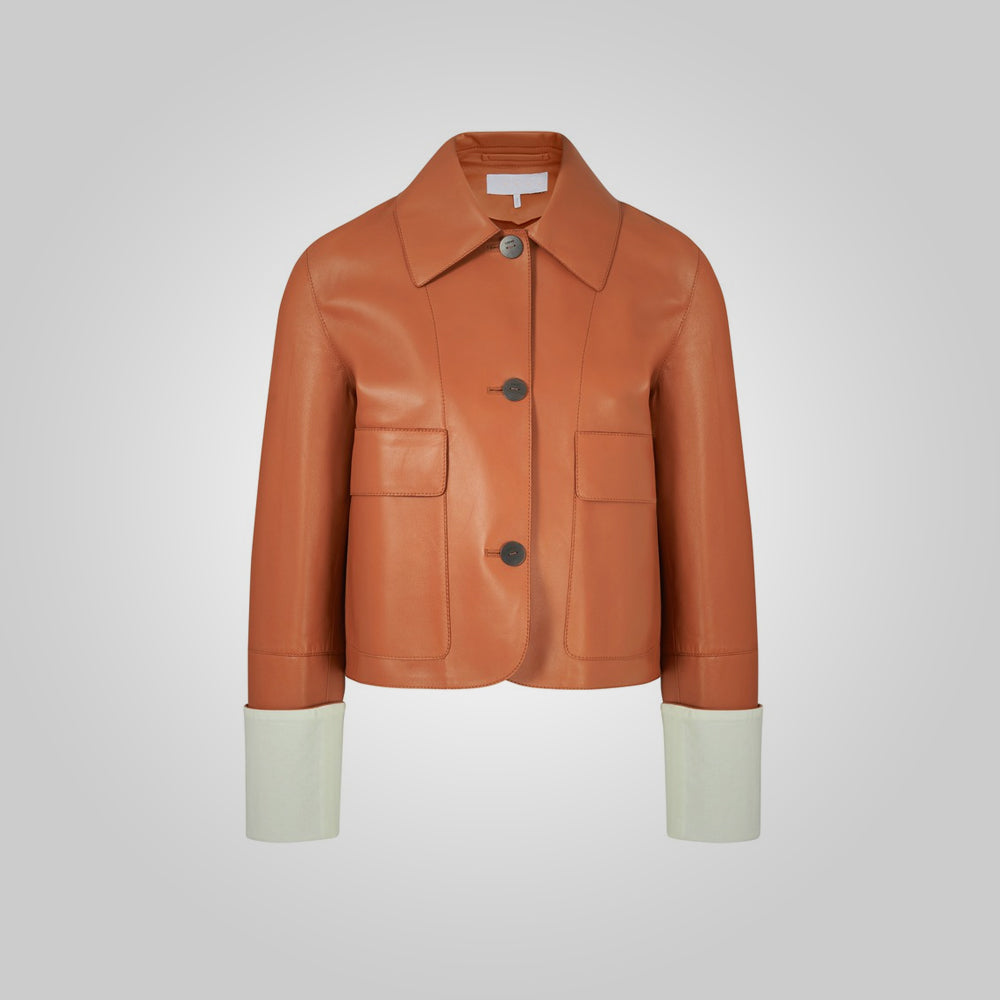WomensDesignerBrownandWhiteLeatherJacket4.jpg Womens Designer Brown and White Leather Jacket - Image 1