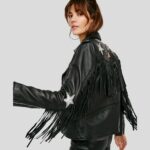 Sloane Black Biker Leather Jacket Tassels - Image 2