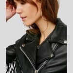 Sloane Black Biker Leather Jacket Tassels - Image 3
