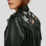 Sloane Black Biker Leather Jacket Tassels - Image 4