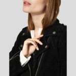 Gracie Black Suede Biker Leather Jacket - Image 4