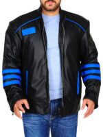 Black & Blue Biker Leather Jacket - Image 2