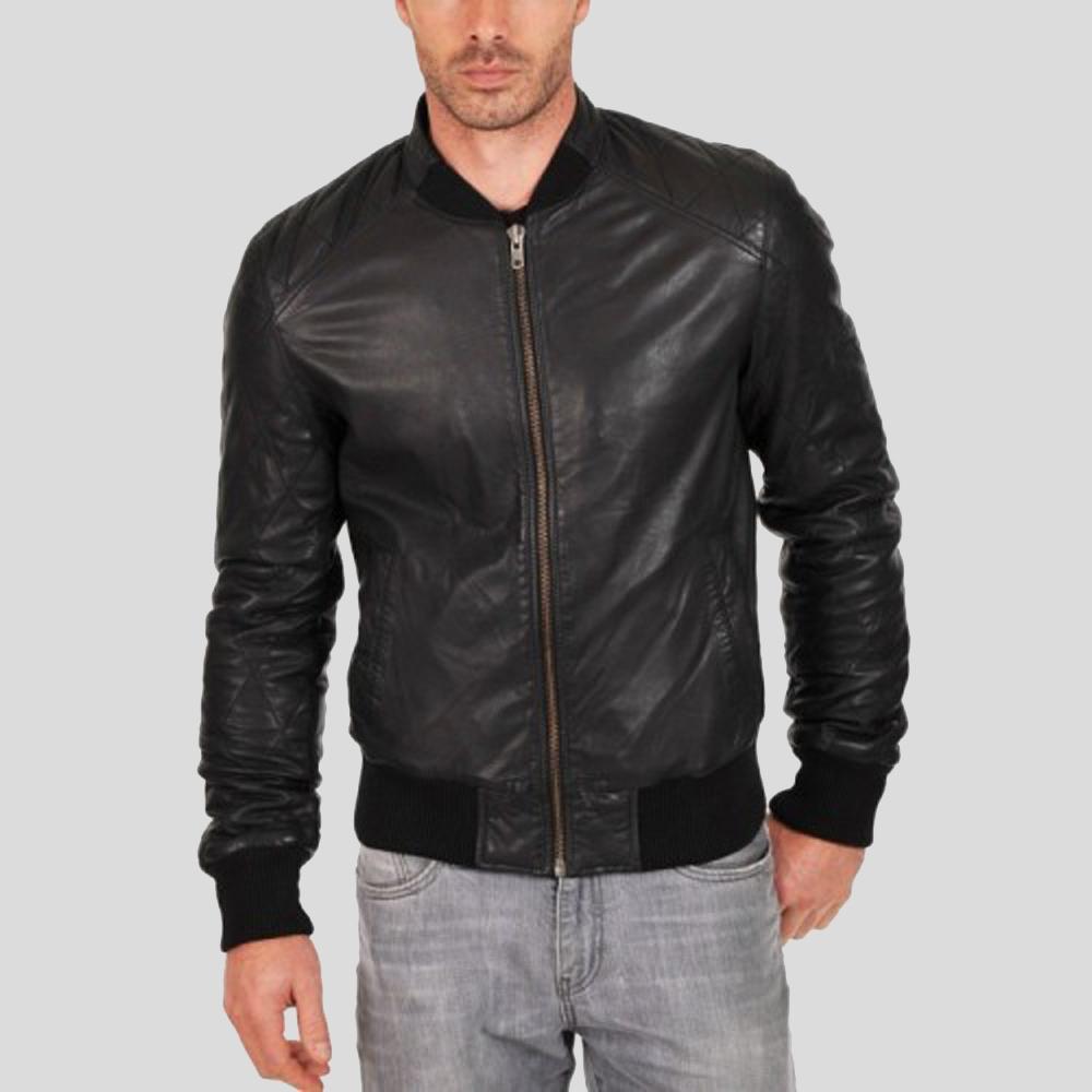 black-bomber-leather-jacket-jero-mens-1.jpg Jero Black Bomber Lambskin Leather Jacket - Image 1