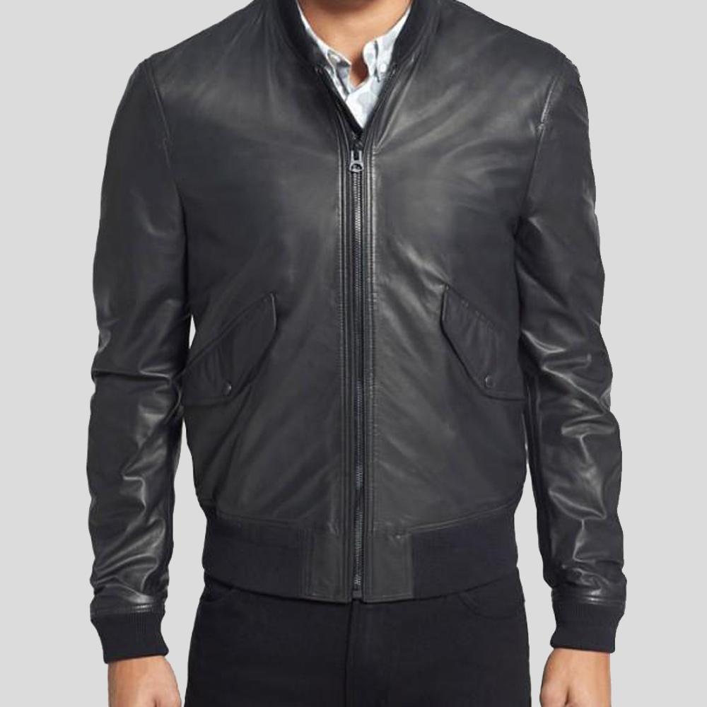 black-bomber-leather-jacket-lymo-men-1.jpg Lymo Black Bomber Leather Jacket - Image 1