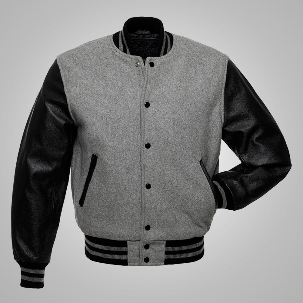 blackandgreyvarsitylettermanjacket.jpg Mens Baseball Black and Grey Letterman Jacket - Image 1