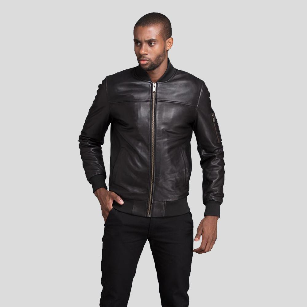 bomber-leather-jacket-kyros-black-1.jpg Kyros Black Bomber Genuine Leather Jacket - Image 1