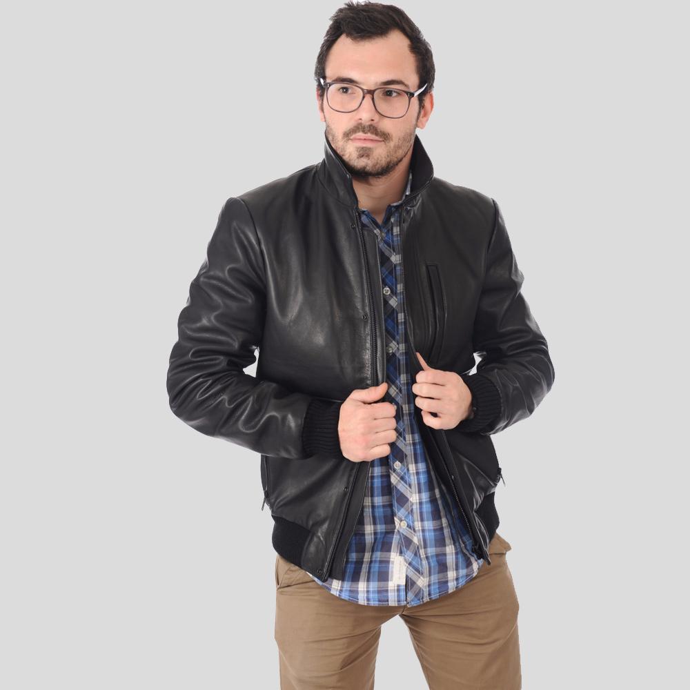 bomber-leather-jacket-reece-black-1.jpg Reece Black Bomber Leather Jacket - Image 1