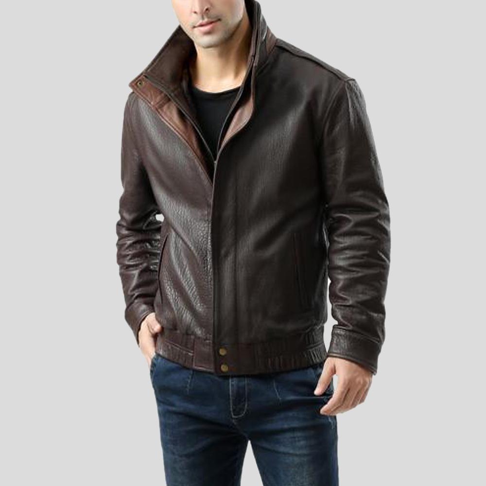 brown-bomber-leather-jacket-chek-mens-1.jpg Chek Brown Bomber Leather Jacket - Image 1