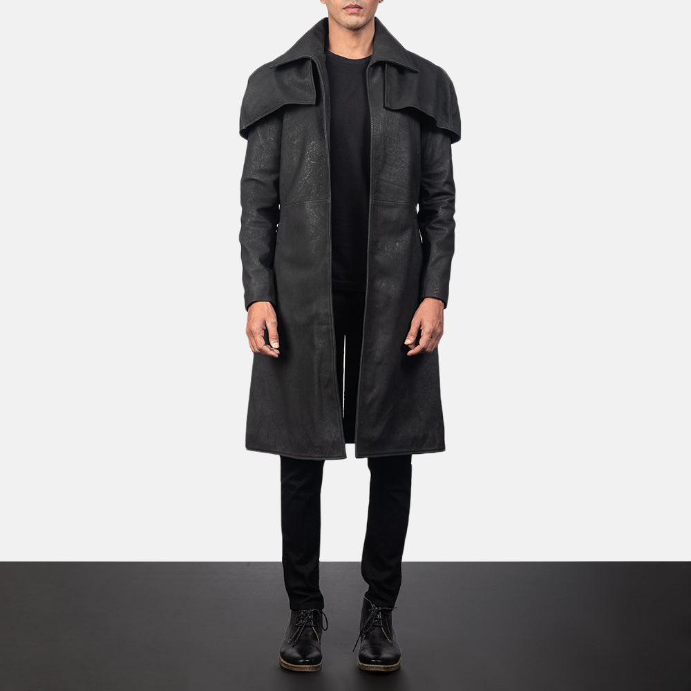 classicblackleatherdustoercoat.jpg Mens Classic Black Sheepskin Leather Dustoer Coat - Image 1