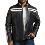 Men's Black Cafe Racer Biker Leather Jacket With White Straps