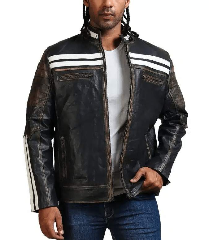 custom-mens-black-cafe-racer-biker-leather-jacket-with-white-straps-arcane-fox-1.png Men's Black Cafe Racer Biker Leather Jacket With White Straps - Image 1