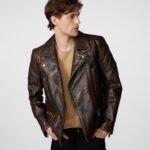 Men's Distressed Biker Leather Jacket In Dark Brown