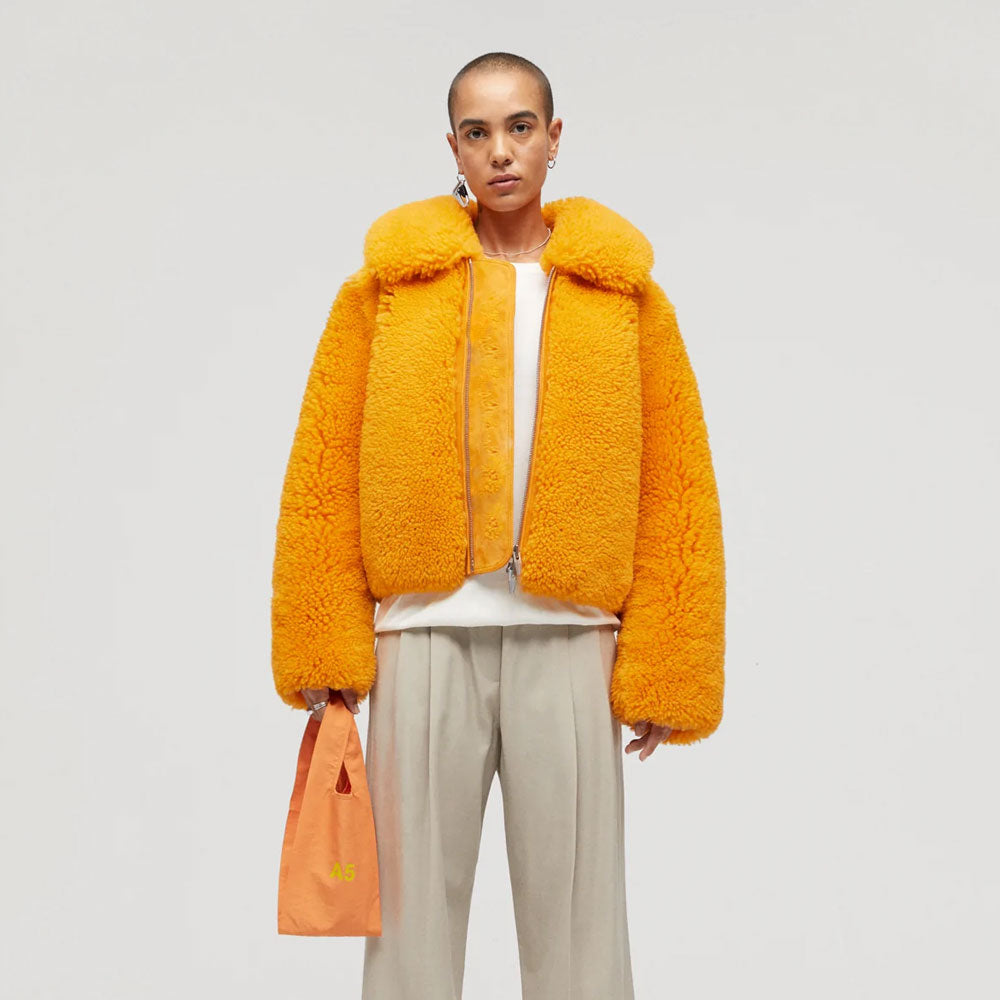 fur1.jpg Womens Orange Winter fox Fur Shearling Leather Jacket - Image 1