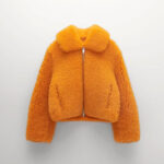 Womens Orange Winter fox Fur Shearling Leather Jacket - Image 3