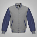 Mens Baseball Style Grey and Royal Blue Varsity Jacket