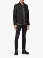 Men Solid Black Leather Jacket - Image 2