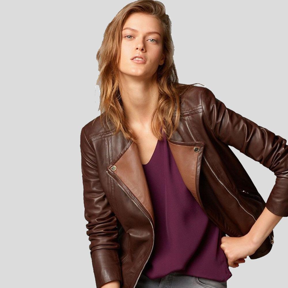 motorcycle-leather-jacket-olivia-womens-brown-1.jpg Olivia Brown Motorcycle Leather Jacket - Image 1