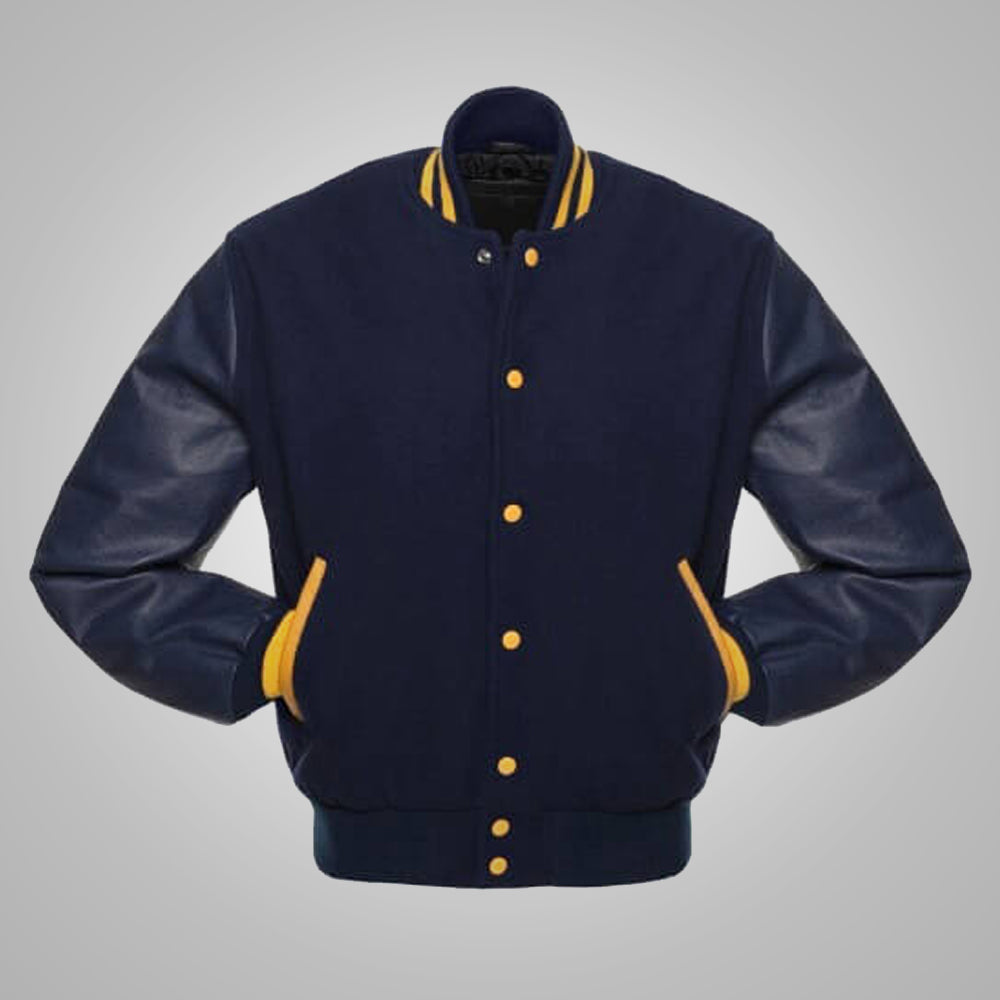 navyblueandyellowvarsitylettermanjacket.jpg Navy Blue and Yellow Baseball Style Jacket - Image 1
