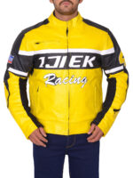 Black & Yellow Biker Leather Jacket - Image 2