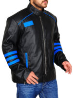 Black & Blue Biker Leather Jacket - Image 4