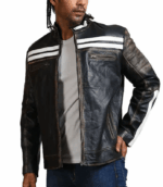 Men's Black Cafe Racer Biker Leather Jacket With White Straps - Image 2