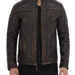 Men's Cafe Racer Distressed Leather Jacket In Coffee Brown