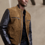 Men's Varsity Suede Motorcycle Leather Jacket In Brown