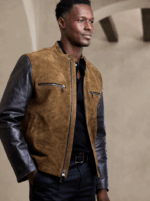 Men's Varsity Suede Motorcycle Leather Jacket In Brown