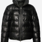 Mens Leather Puffer Jacket In Black
