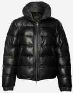 Mens Leather Puffer Jacket In Black - Image 2