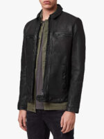 Men Solid Black Leather Jacket - Image 4