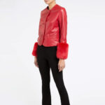 Women's Red Leather biker jacket with Faux Fur - Image 3
