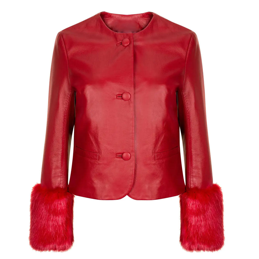 red-leather-jacket_0284538d-43d4-4f5b-909e-493331063011.jpg Women's Red Leather biker jacket with Faux Fur - Image 1