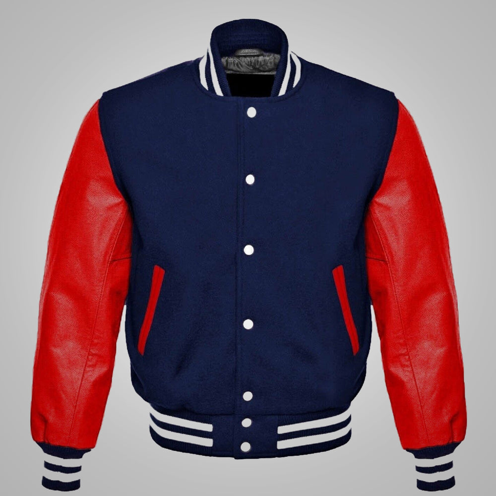 redandbluevarsitylettermanjacket2.jpg Mens Baseball Style Red and Blue Varsity Jacket - Image 1