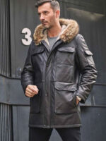 Mink Coat Long Winter Overcoat Black Leather Parkas Fur Outwear - Image 5