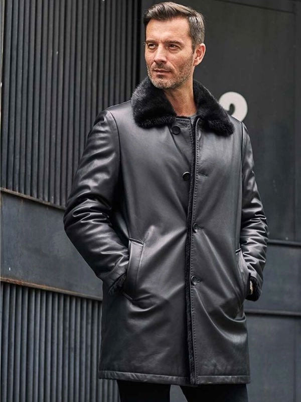 shearling-leather-coat-1_161b1dd1-821a-49b8-b7f4-e1f38cd545d0.jpg Mink Fur Coat Long Fur Outwear Black Leather Overcoat - Image 1