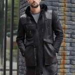 Men's Winter Shearling Fur Black Leather Long Trench Coat Outerwear