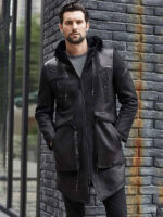 Men's Winter Shearling Fur Black Leather Long Trench Coat Outerwear