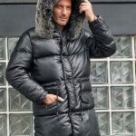 Leather Down Jacket With Fox Fur Collar Long Winter Coat Hooded Warm Overcoat