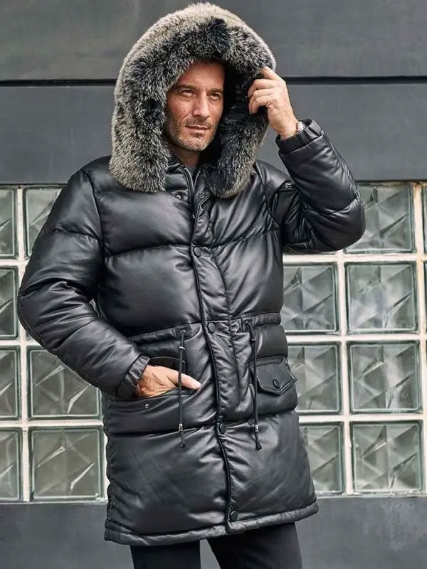 shearling-leather-coat-1_ab992737-c8ae-44f5-9d8f-837c55121bc3.jpg Leather Down Jacket With Fox Fur Collar Long Winter Coat Hooded Warm Overcoat - Image 1