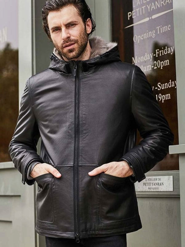 shearling-leather-coat-1_c19febd3-8894-4d1d-83c2-352d1a52d001.jpg Fur Overcoat Black Leather Jacket Hooded Winter Outerwear - Image 1