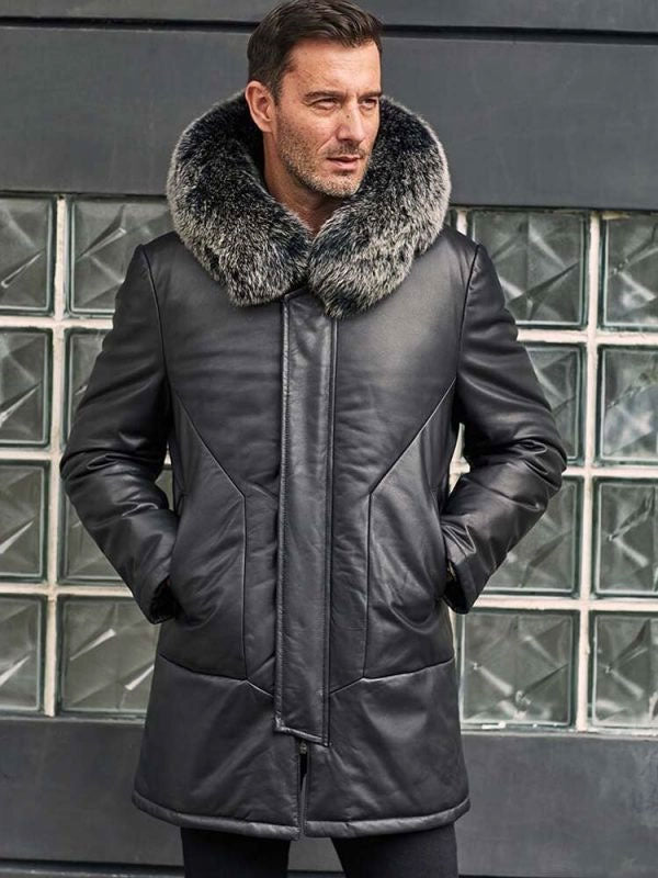 shearling-leather-coat-1_f166ce4a-0310-4a15-88c9-02e9358c08a5.jpg Leather Down Jacket With Fox Fur Collar Hooded Winter Overcoat Long Warm Outwear - Image 1