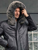 Leather Down Jacket With Fox Fur Collar Hooded Winter Overcoat Long Warm Outwear - Image 2