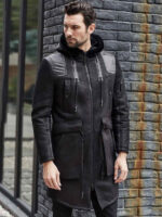 Men's Winter Shearling Fur Black Leather Long Trench Coat Outerwear - Image 2