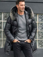 Leather Down Jacket With Fox Fur Collar Long Winter Coat Hooded Warm Overcoat - Image 2