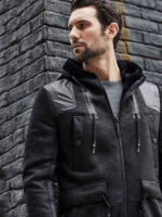 Men's Winter Shearling Fur Black Leather Long Trench Coat Outerwear - Image 3