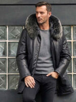 Leather Down Jacket With Fox Fur Collar Hooded Winter Overcoat Long Warm Outwear - Image 3